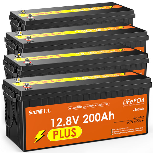 SANFOU 12.8V 200Ah PLUS LiFePO4 Battery, Built In 200A BMS