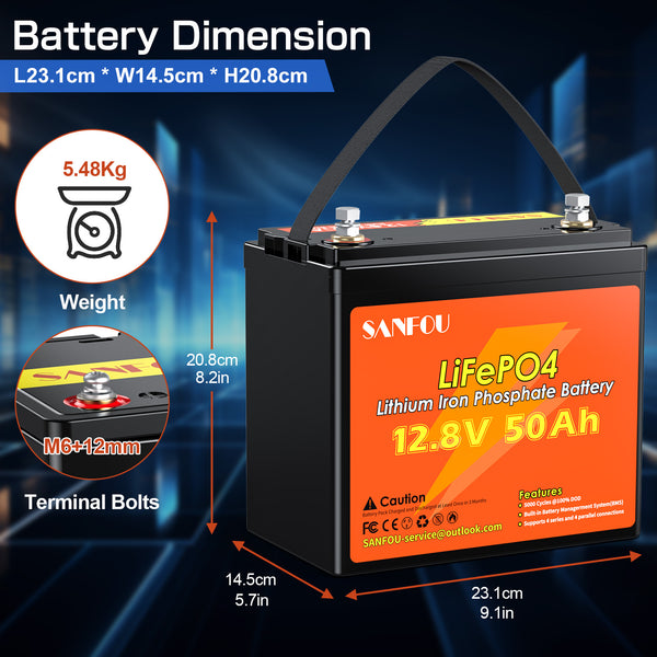 SANFOU 12.8V 50 Ah LiFePO4 battery, Built In 50A BMS