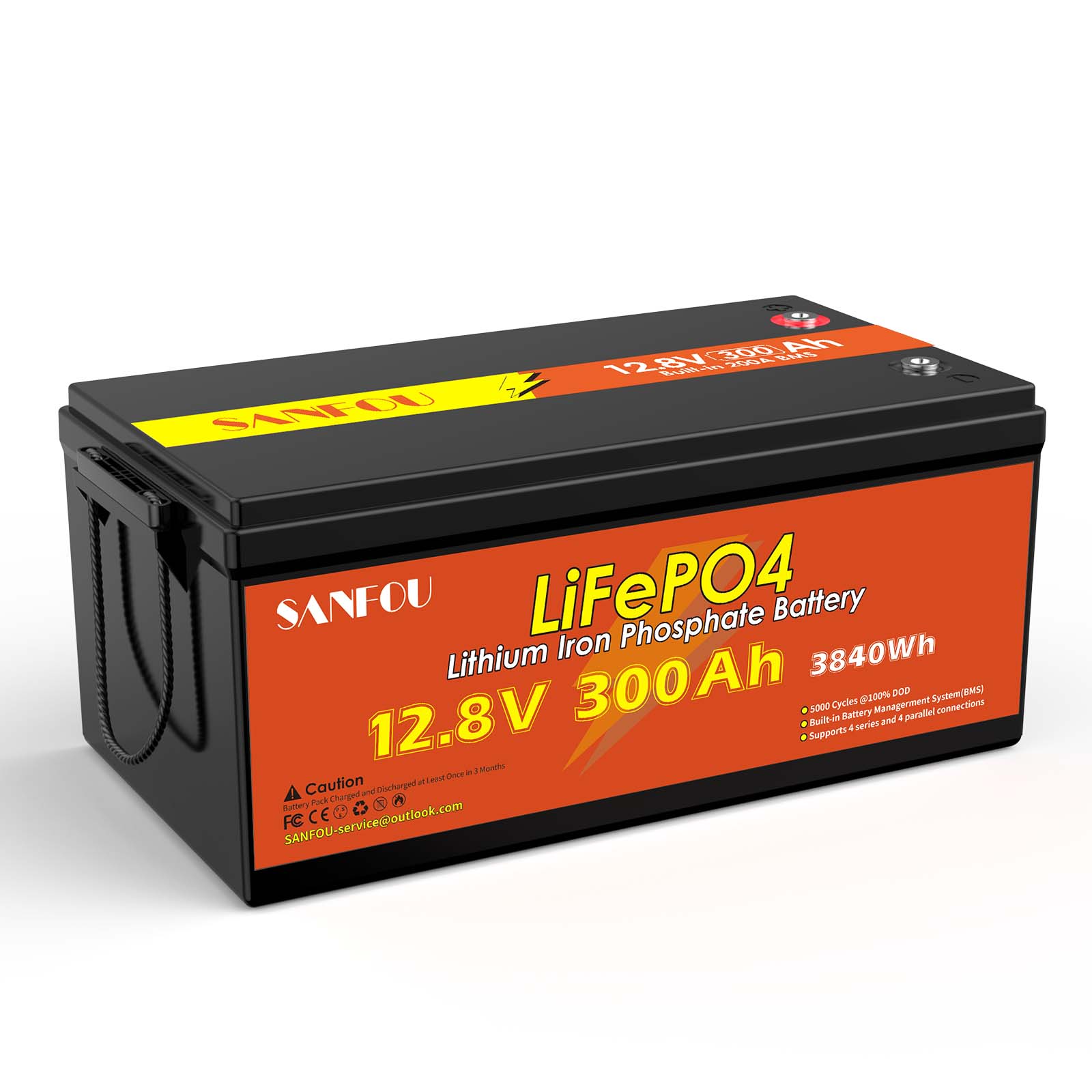 SANFOU 12,8 V 300 Ah LifePo4-Batterie, eingebautes 200 A BMS