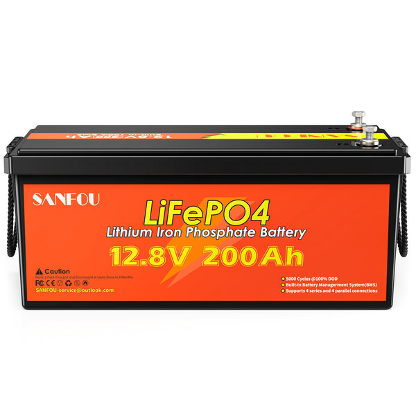 SANFOU 12,8 V 200 Ah LiFePO4-Batterie, eingebautes BMS