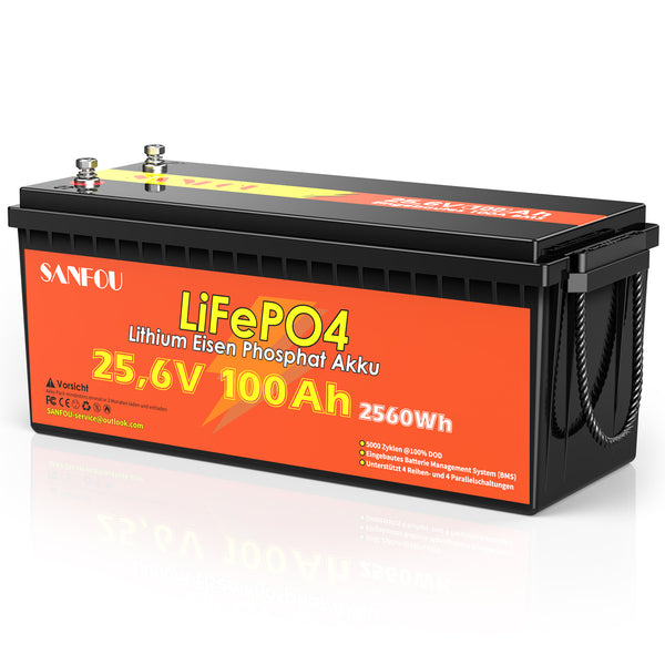 SANFOU 25.6V 100Ah LiFePO4 батерия, вградена 100A BMS