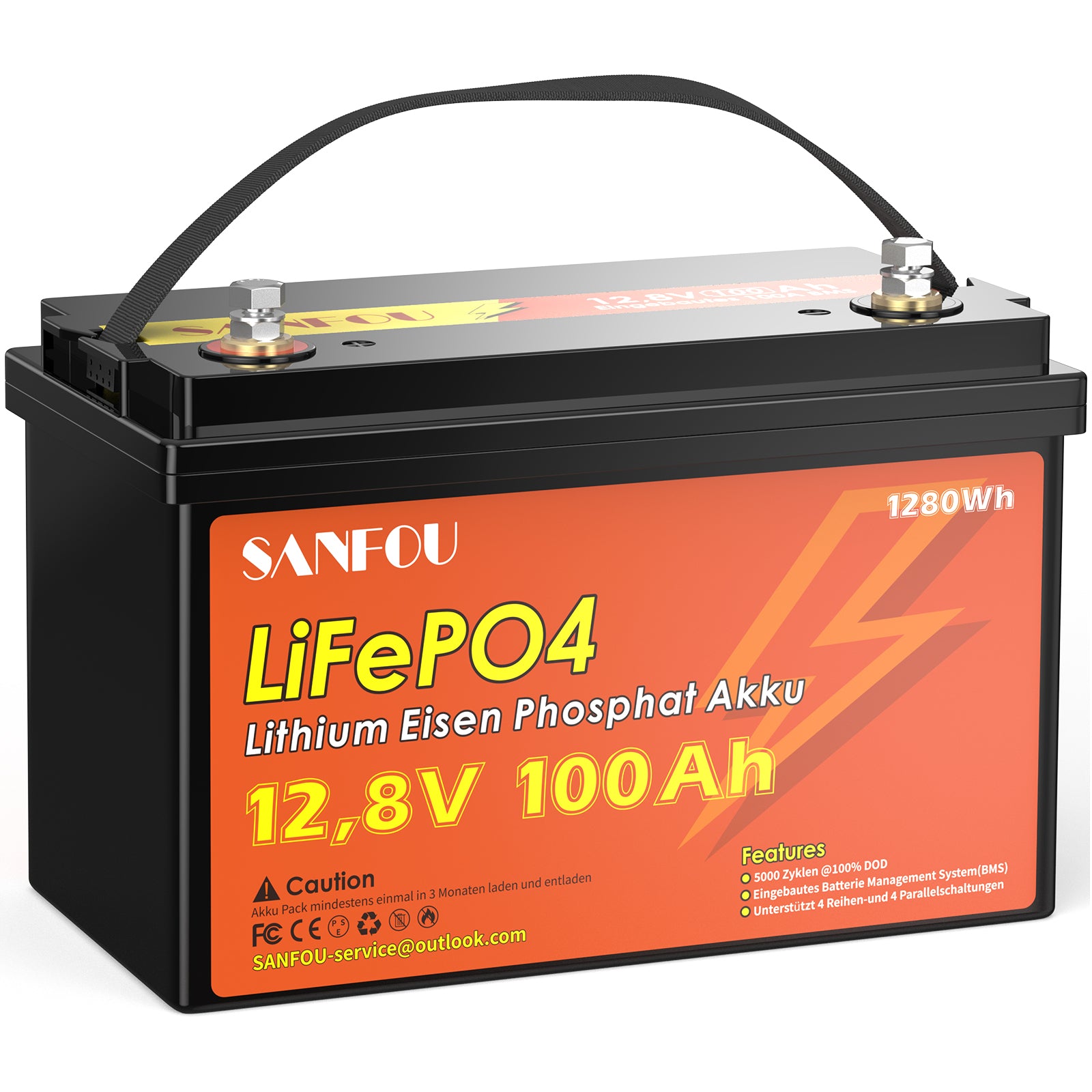 SANFOU 12,8 V 100 Ah LiFePO4-Batterie, eingebautes 100 A BMS