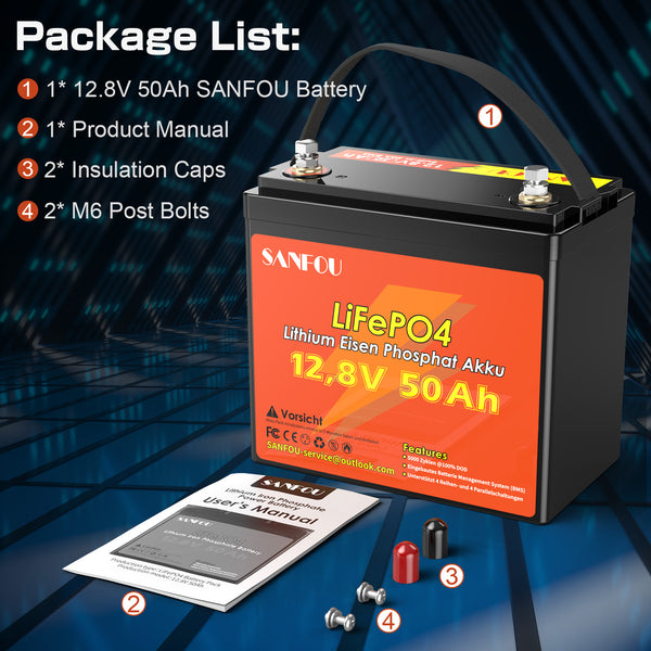 SANFOU 12.8V 50 Ah LiFePO4 battery, Built In 50A BMS