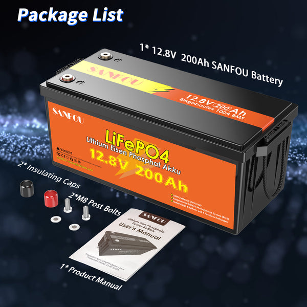 SANFOU 12,8 V 200 Ah LiFePO4-Batterie, eingebautes BMS