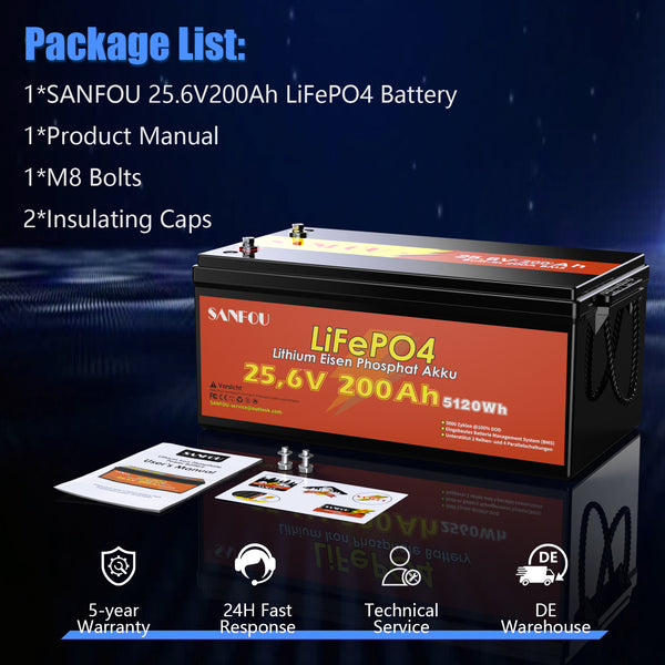 SANFOU 25.6V 200Ah LiFePO4 battery, Built-in 200A BMS